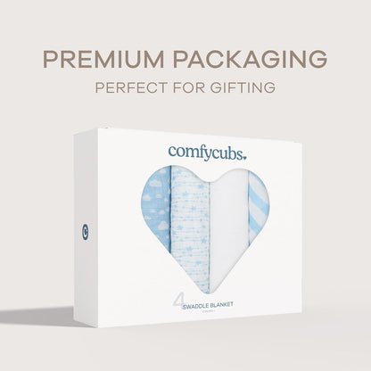 Comfy Cubs Muslin Swaddle Blankets Pack of 4, 47 x 47 Inches, Soft Cotton Baby Blanket Set, Large