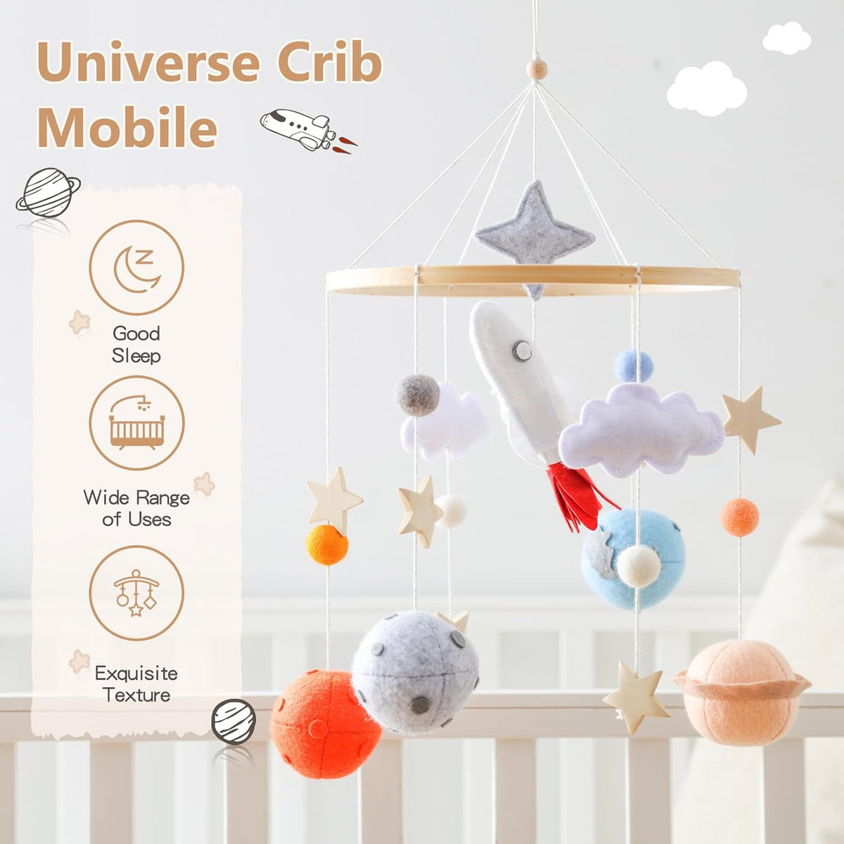 Baby Crib Mobile for Boys Girls | Felt Space Nursery Mobile Wooden Mobile for Crib | Astronaut