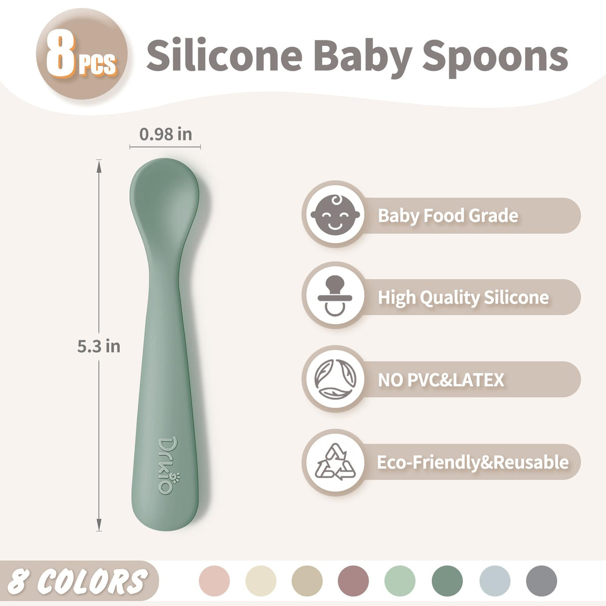 DRKIO 8 Pcs Silicone Baby Spoons Infant Utensils for First Stage Feeding