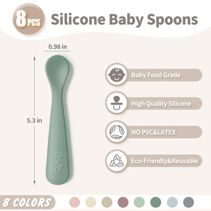DRKIO 8 Pcs Silicone Baby Spoons Infant Utensils for First Stage Feeding