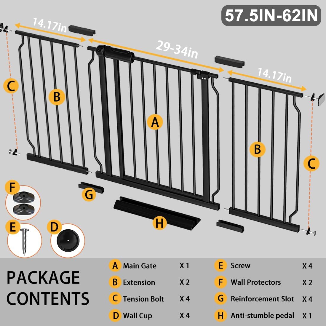 Fairy Baby Extra Wide Baby Gate Black 57.5-62 Inch Wide, Walk Through Pressure Mounted No Drill