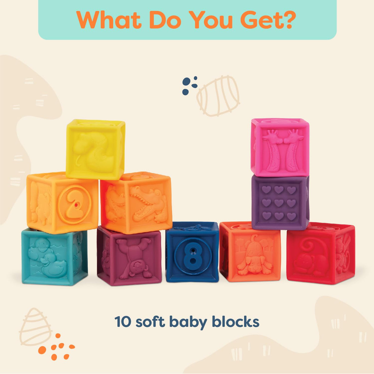 B. toys, One Two Squeeze Soft Building Blocks, 10 Pack, Blocks - 1, Baby