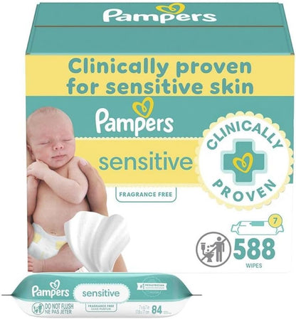 Pampers Baby Wipes Sensitive, Water Based Wipes, Hypoallergenic and Unscented for Babies, 588 Wipes