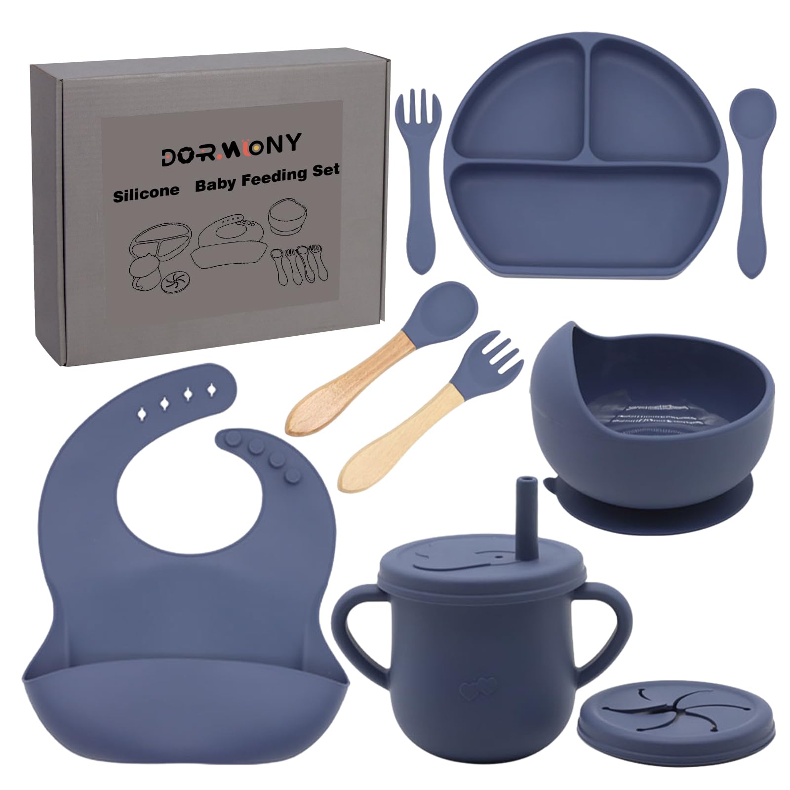 Dormlony 100% Silicone Baby Feeding Set, BPA Free Baby Dishes with Suction Bowl, Divided Plate