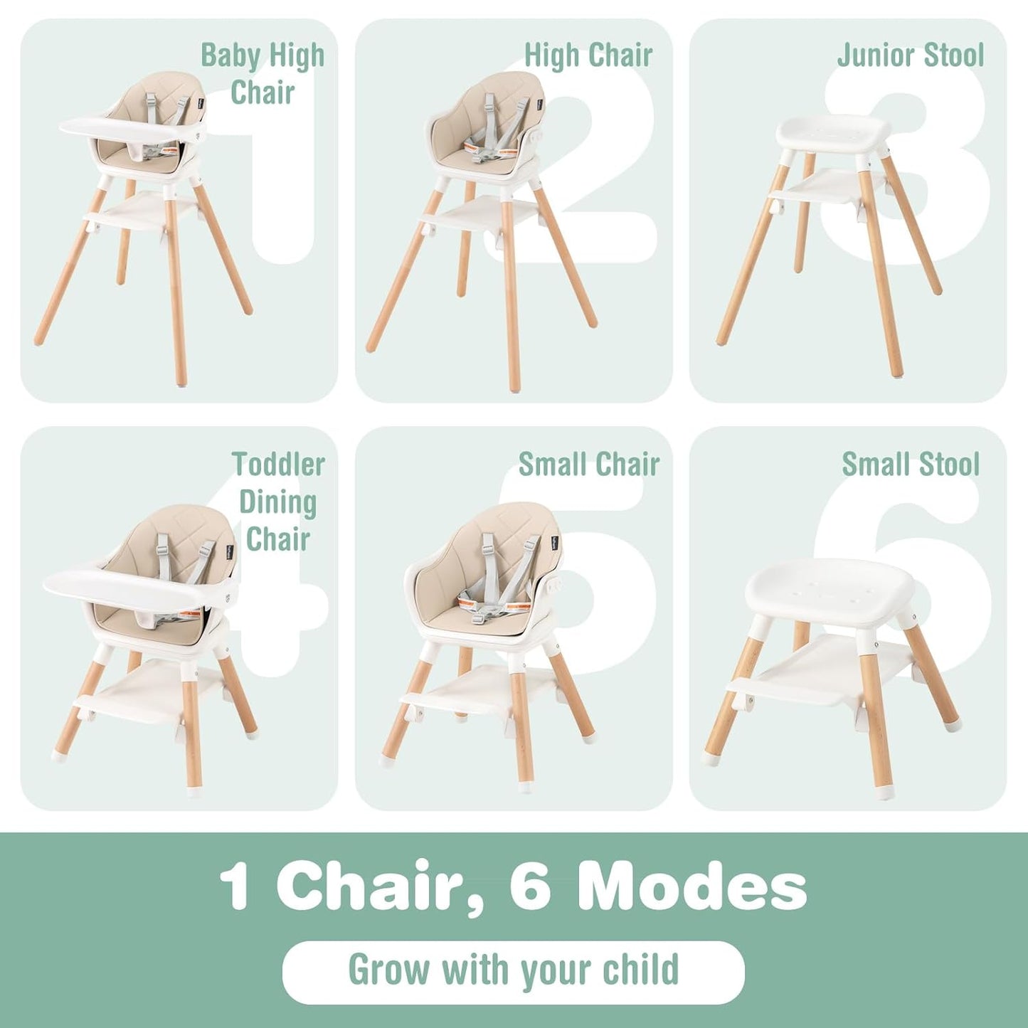 BABY JOY High Chair, 6 in 1 Convertible Wooden Highchair for Babies & Toddlers with Adjustable