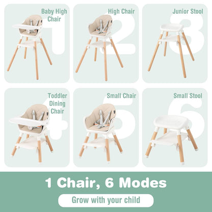 BABY JOY High Chair, 6 in 1 Convertible Wooden Highchair for Babies & Toddlers with Adjustable