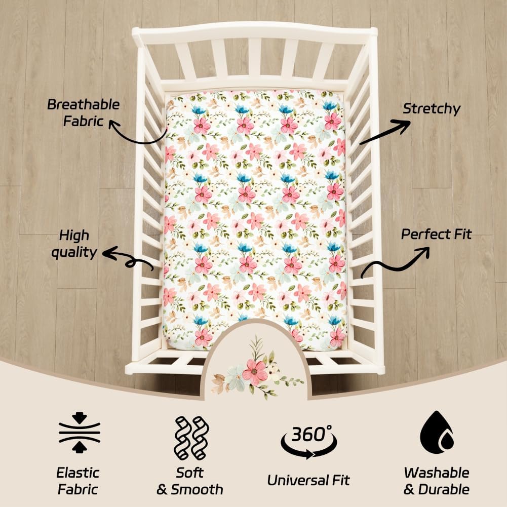4 Pack Baby Girl Pack N Play Mini Crib Sheets Set Soft Fitted Floral Theme Baby Girl Mattress