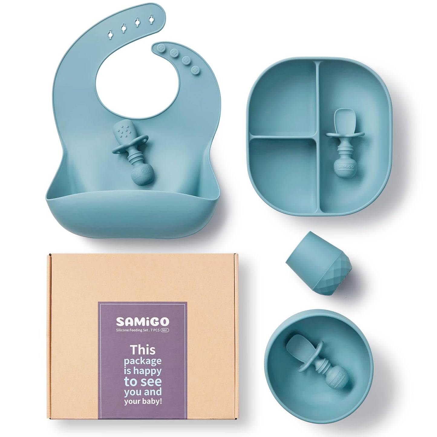 SAMiGO Silicone Baby Feeding Set, Baby Led Weaning Supplies, Suction Bowl Plate Bib Cup Self
