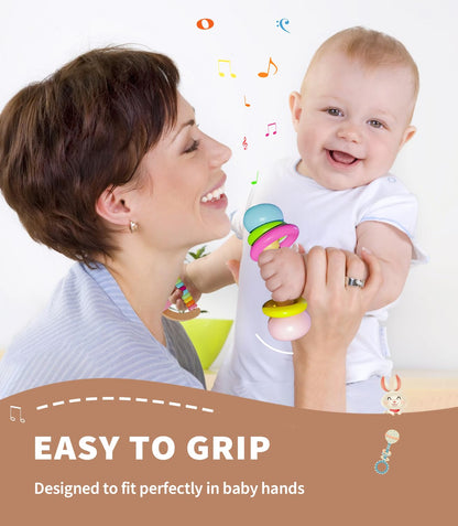 6 PCS Wooden Baby Rattle, Organic Colorful Baby Hand Rattles Set, Wood Rattles for Babies 0-6-12