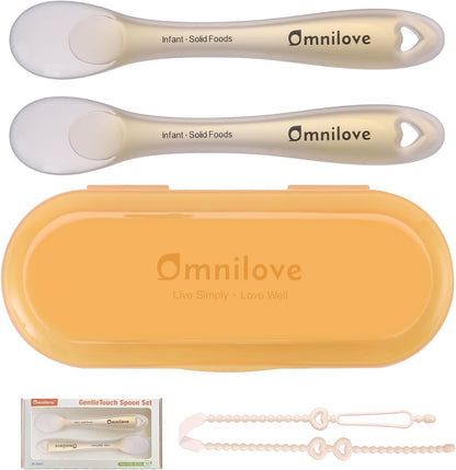 Silicone Baby Spoons 2-Pack with Case, Self Feeding 6 Months, Baby Led Weaning Supplies, Toddler