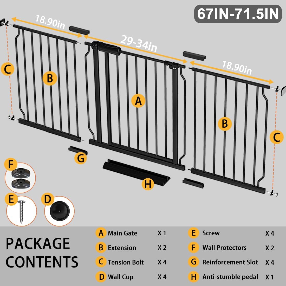 Fairy Baby Extra Wide Baby Gate Black 67-71.5 Inch Wide, Walk Through Pressure Mounted No Drill
