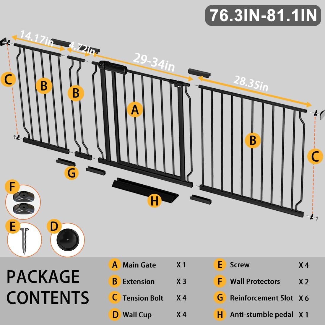 Fairy Baby Extra Wide Baby Gate 76.3-81.1 Inch Wide, Walk Through Pressure Mounted No Drill, Long