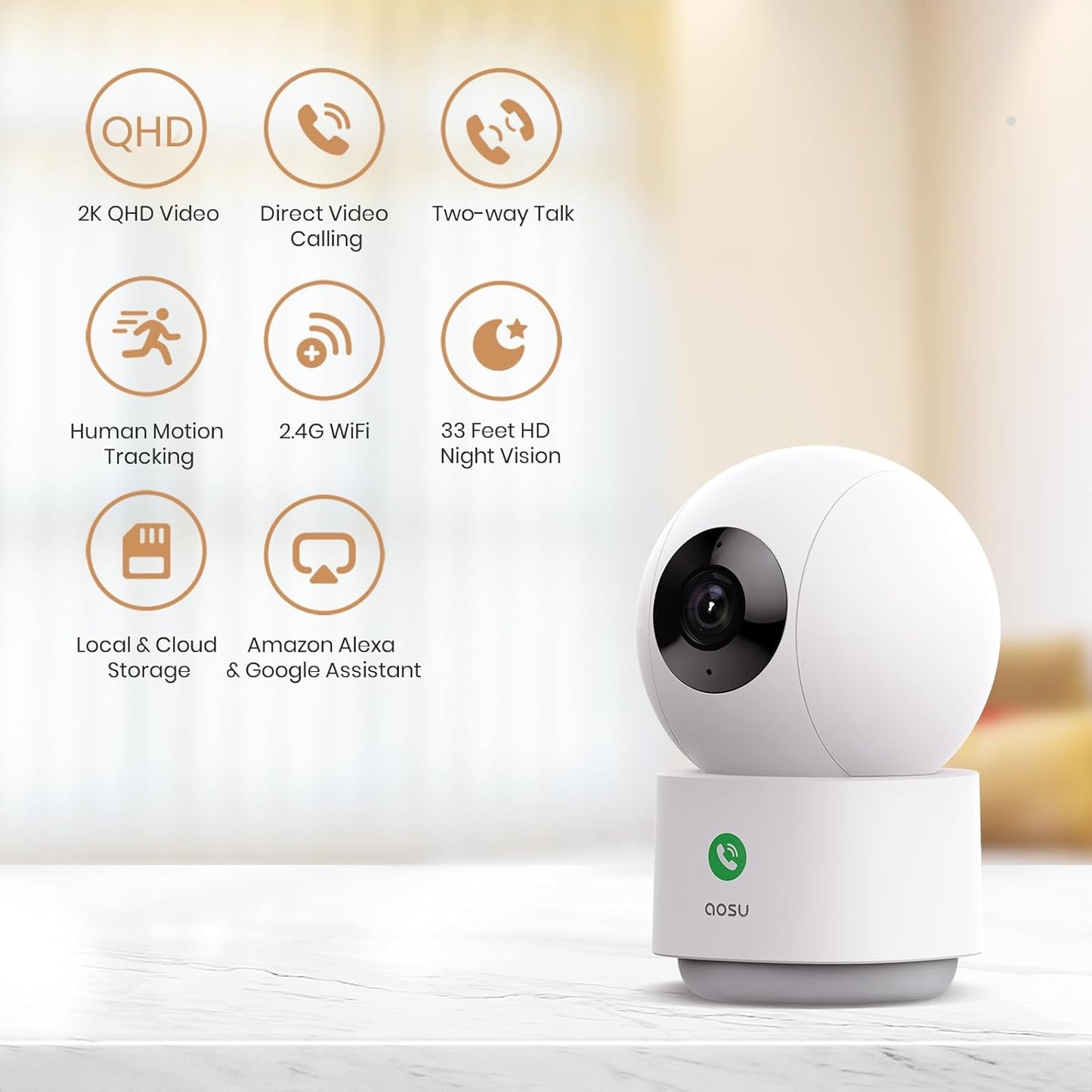 AOSU 2K Security Camera Indoor, Baby Monitor Pet Camera One-Touch Call, Smart Motion Tracking, IR