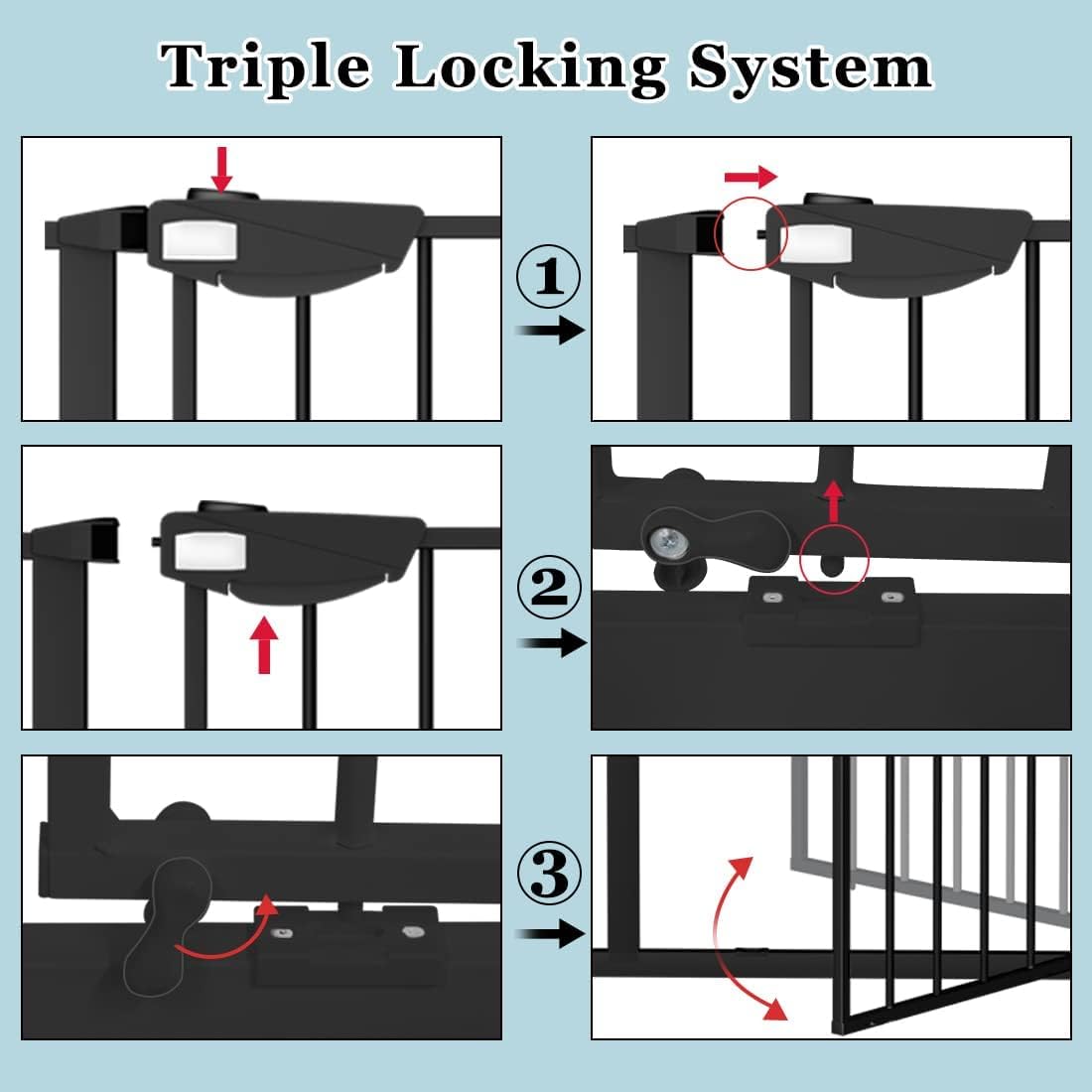 WAOWAO Triple Lock 49.21-66.54" Baby Gate Extra Wide Pressure Mounted Walk Through Swing Auto Close