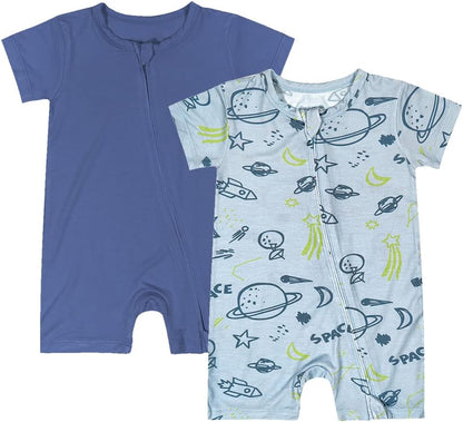 Teach Leanbh Baby Boys Girls 2 Pack Bamboo Viscose Pajamas 2 Way Zipper Short Sleeve Romper