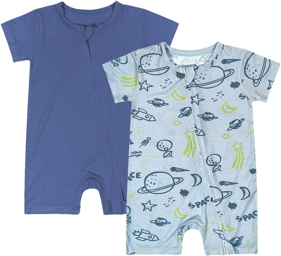 Teach Leanbh Baby Boys Girls 2 Pack Bamboo Viscose Pajamas 2 Way Zipper Short Sleeve Romper