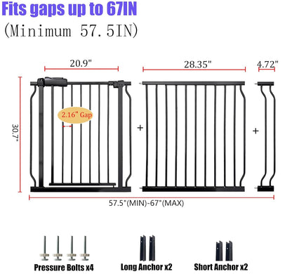 Extra Wide 62-67 Inch Baby Gates for Stairs, Doorways - No Drilling, Pressure Mounted Pet Gates for
