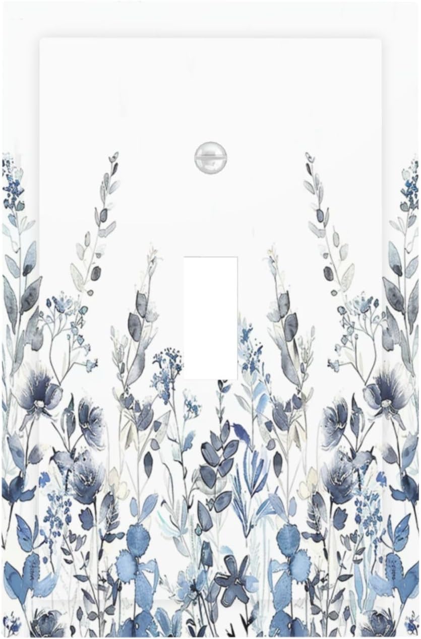 Decorative Light Switch Cover Light Blue Watercolor Leaves Plant With Floral 1 Gang Single Toggle