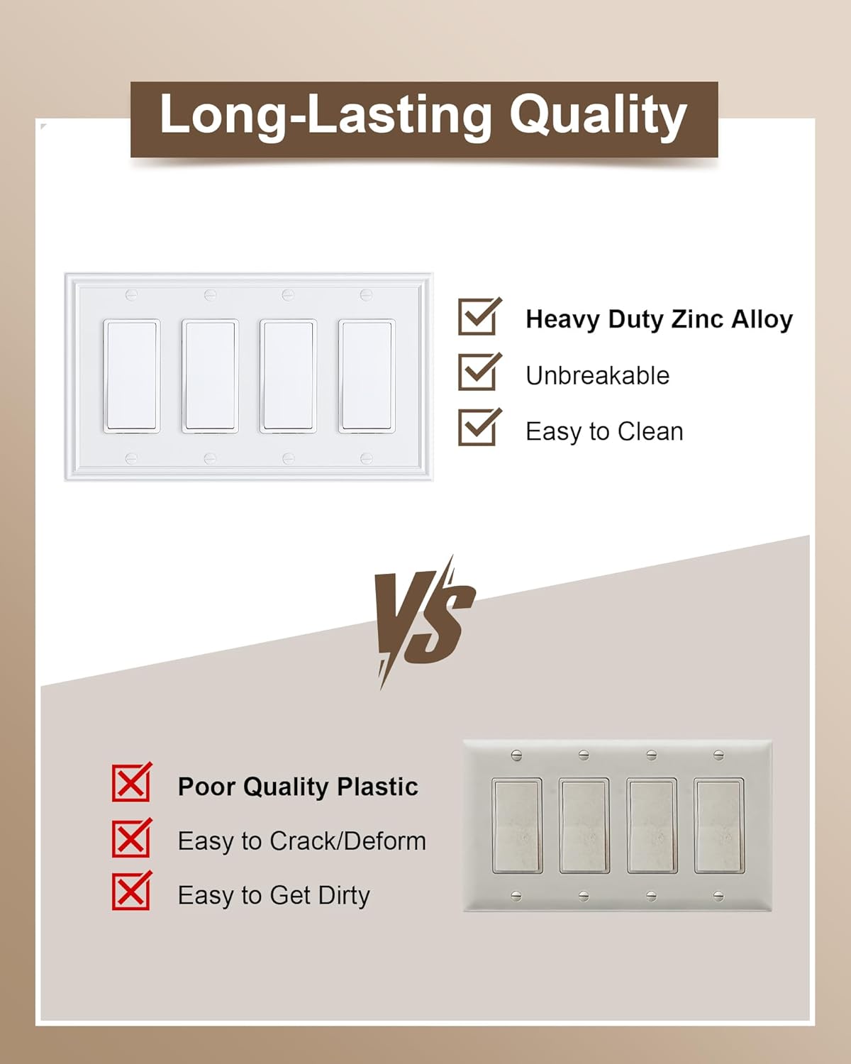 2-Pack Quad Decorator Outlet Cover Plate, Zinc Alloy Decorative Pure White Switch Plates and Outlet