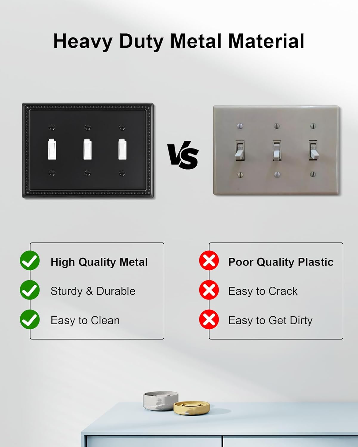2-Pack Triple Toggle Light Switch Cover Plate, Pearls Decorative Switch Plate Covers, Black 3 Gang