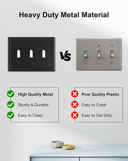 2-Pack Triple Toggle Light Switch Cover Plate, Pearls Decorative Switch Plate Covers, Black 3 Gang