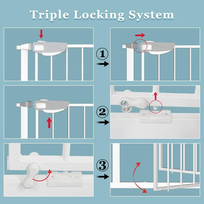 WAOWAO Triple Lock 49.21-66.54" Baby Gate Extra Wide Pressure Mounted Walk Through Swing Auto Close