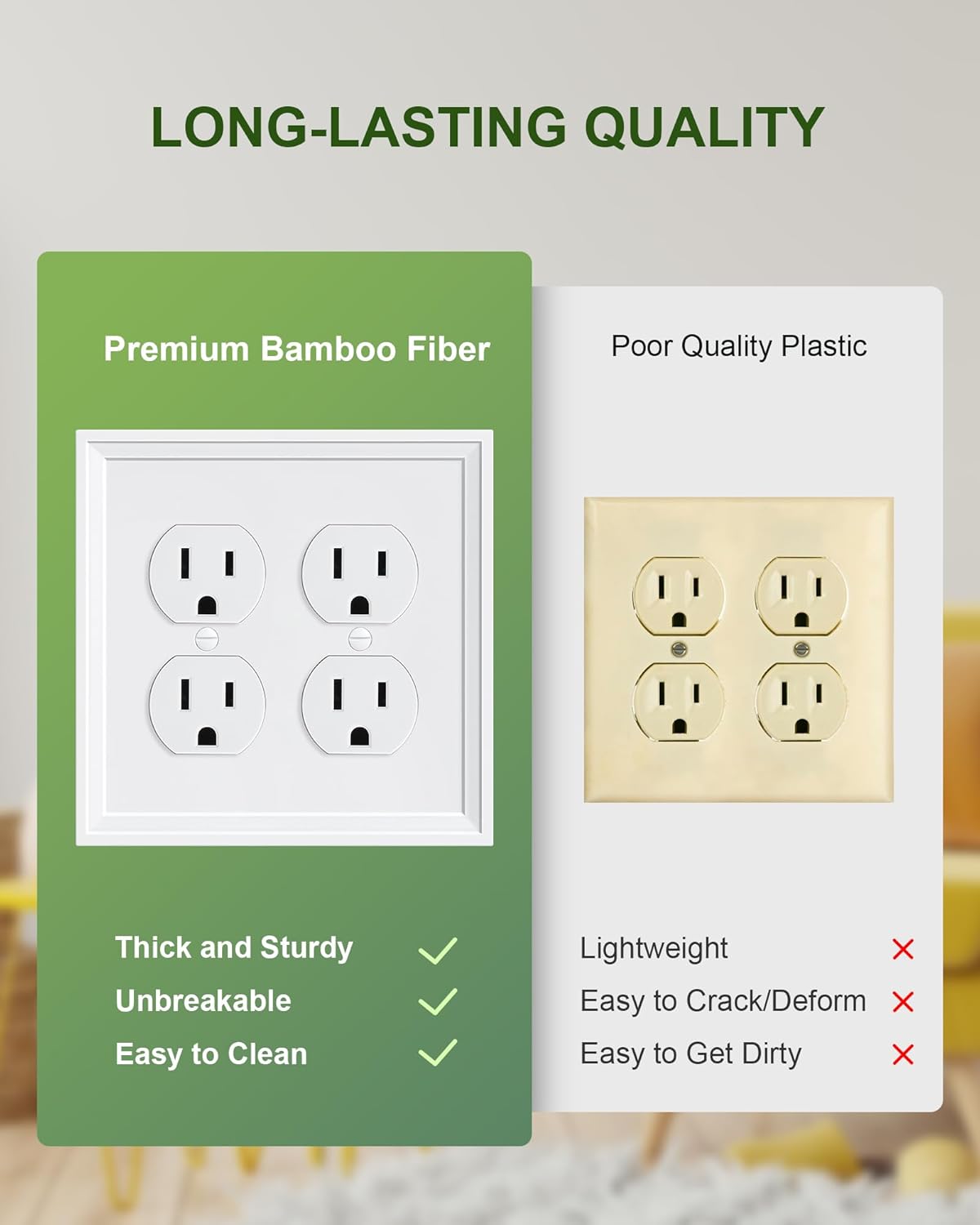 2-Pack Double Duplex Outlet Cover, Natural Bamboo Fiber Switch Plates and Outlet Covers, White