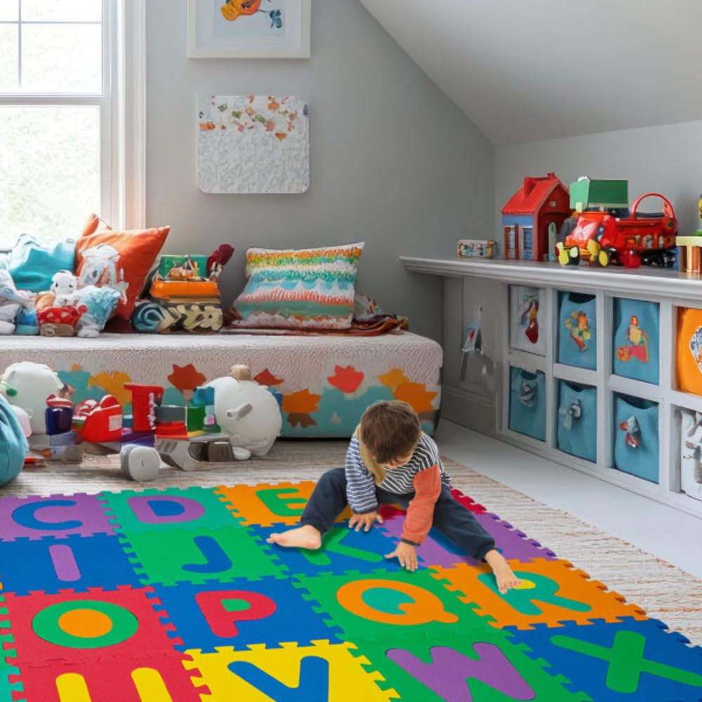 Interlocking Foam Tile Play Mat with Letters - Non-Toxic Children's Multicolor 26-Piece Puzzle