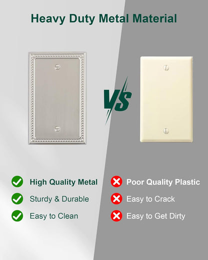 2-Pack Blank Outlet Cover Wall Plate, Metal Switch Plates Outlet Covers, Brushed Nickel Pearls