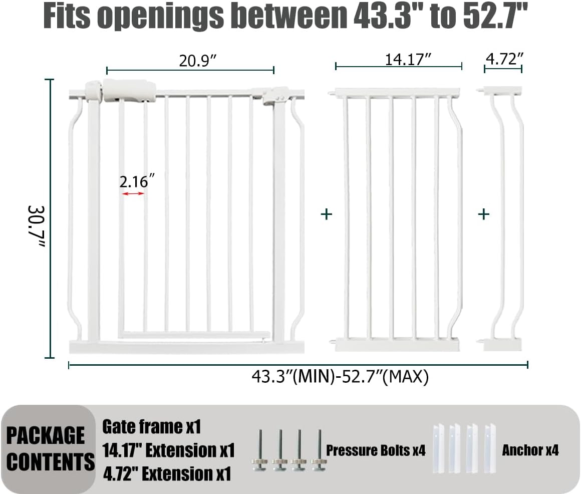 Extra Wide Baby Gate - 48-52.7 Inch Tension Mounted Safety Child & Pet Gate - White Metal - Walk