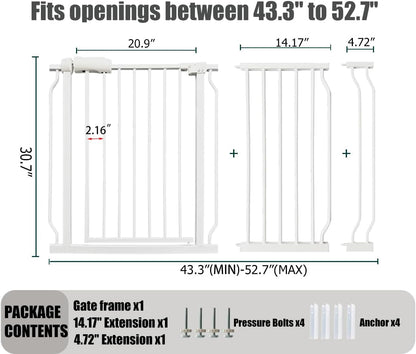 Extra Wide Baby Gate - 48-52.7 Inch Tension Mounted Safety Child & Pet Gate - White Metal - Walk