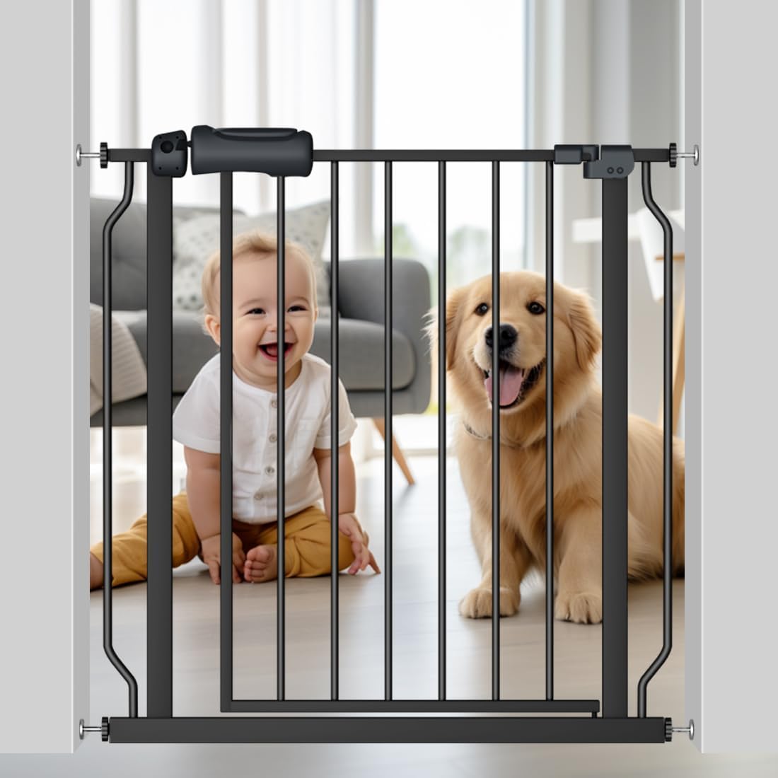 Fairy Baby Walk Through Black Baby Gate 29-34 Inch Wide, Pressure Mounted Safety Gate with Door No