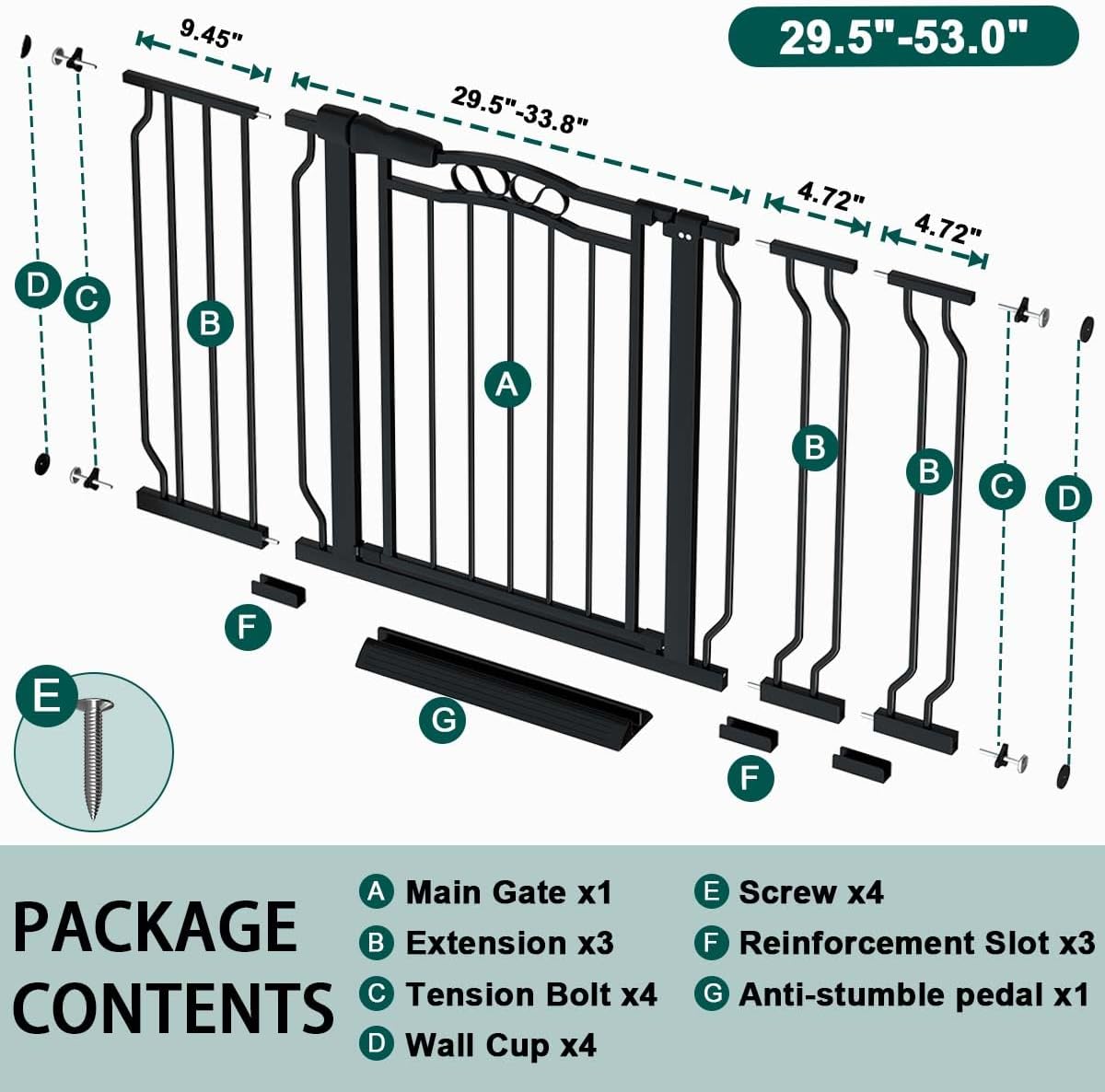 Fairy Baby 29.5"-53.1" Extra Wide Baby Gate for Doorways, Stairs Gate for Kids Toddler, Pressure