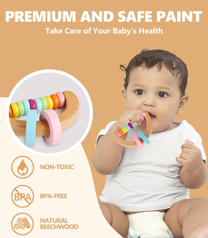 4 PCS Wooden Baby Rattle, Organic Colorful Baby Rattles Set, Wood Rattles for Babies 0-6-12 Months