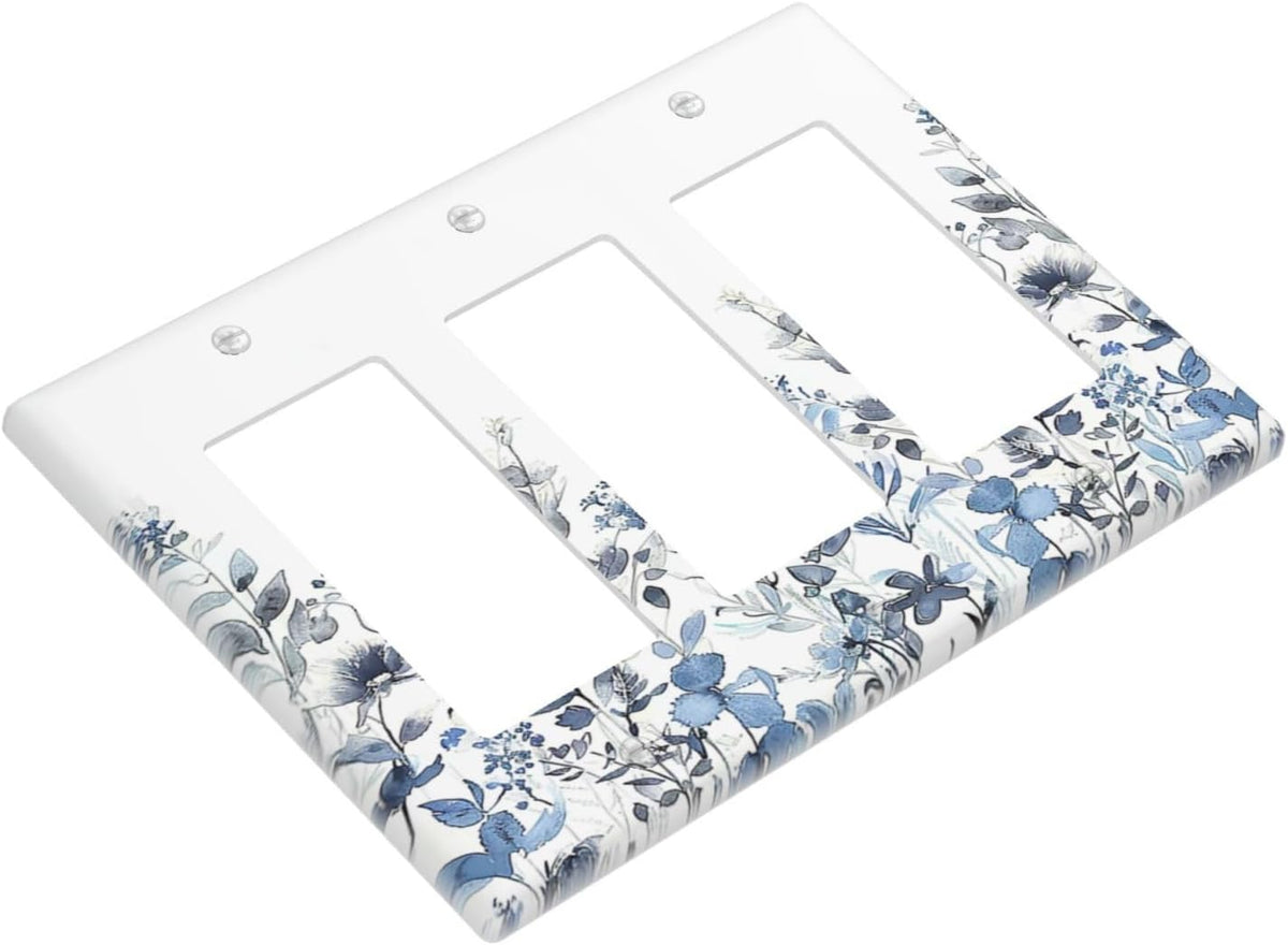 Light Switch Covers Light Blue Watercolor Leaves Plant With Floral 3 Gang Rocker Electrical GFCI