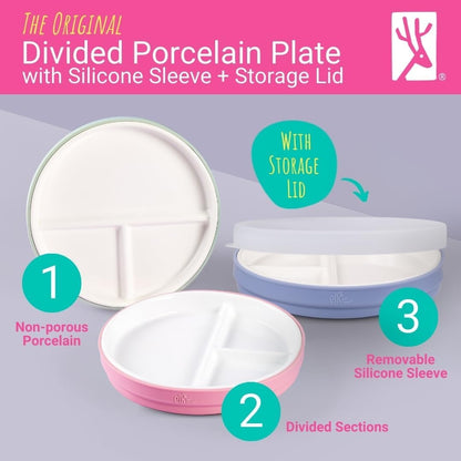 Elk and Friends Kids 7.8” Porcelain Divided Plates with Silicone Sleeves + Lids | Suitable for