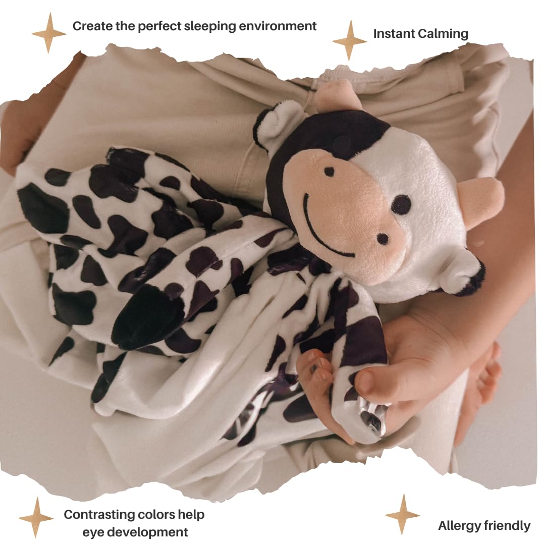 Love By Emi Baby Music Lovey Black & White Cow, Baby Sleep Soother for Crib & Cuddle Bedtime, White