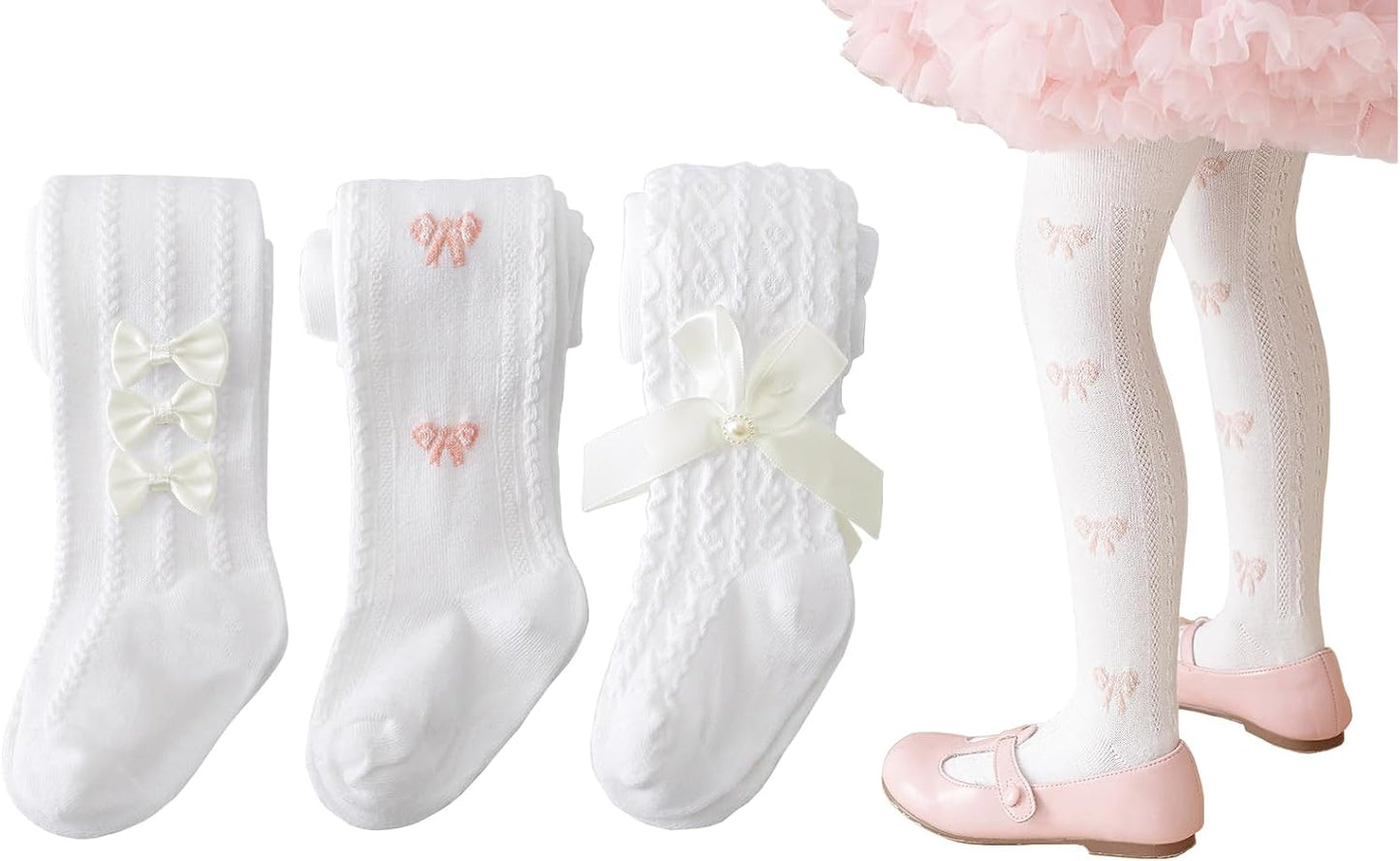 CHUNG Baby Girls Cotton Tights Thin Hollowed Summer with Bowknot Mesh Lace Fashion Toddler Footed