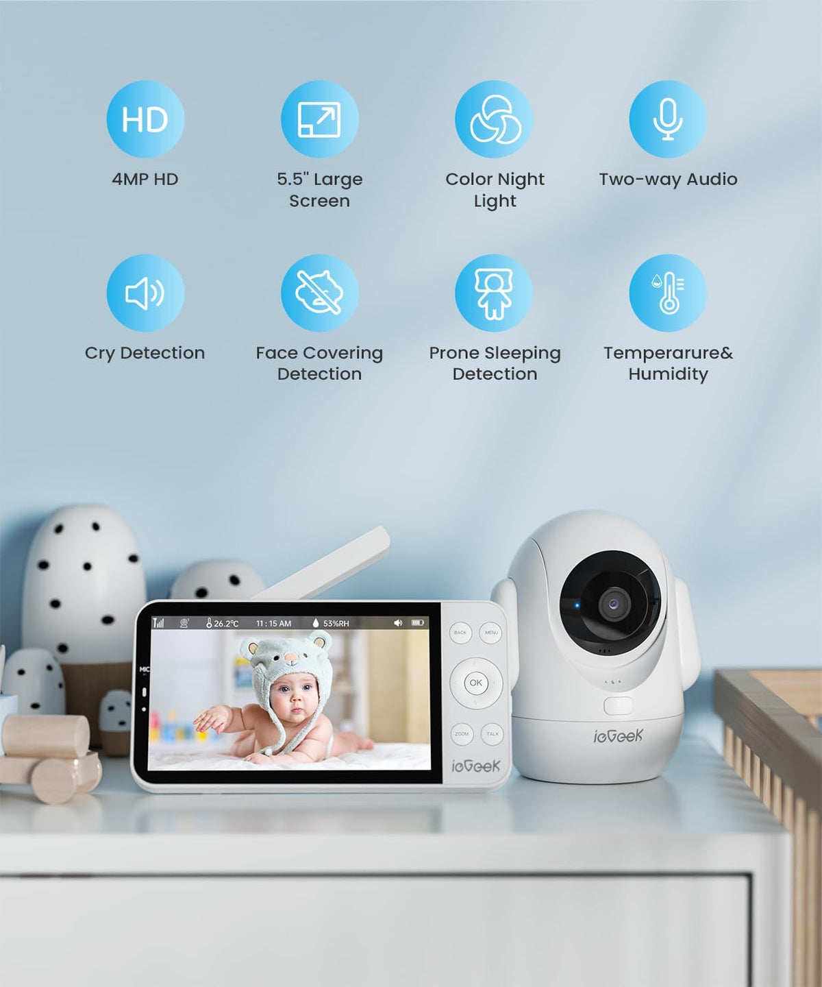 ieGeek 5.5" Baby Monitor,Audio Monitor with 2.5K Ultra HD 2.4G&5Ghz WiFi Camera,Night Light,Face