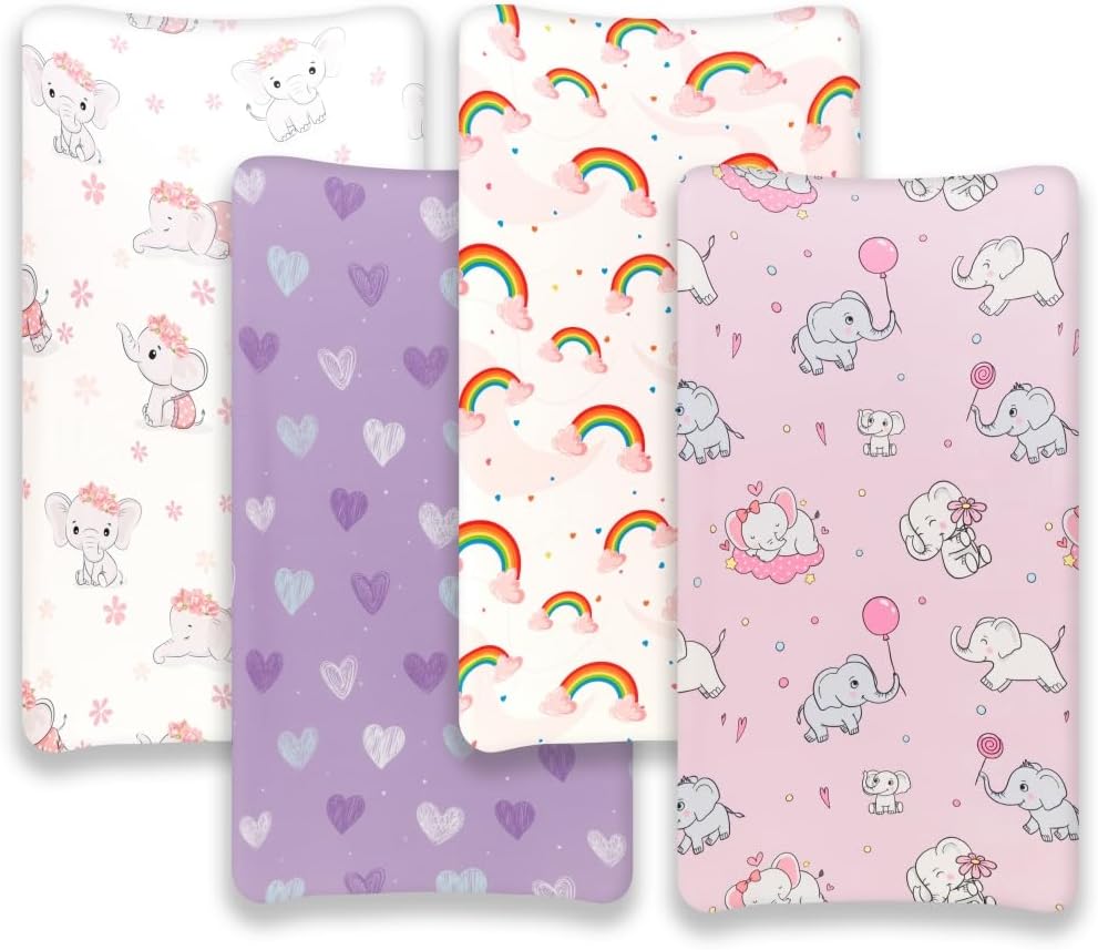 4 Pack Baby Girl Changing Pad Covers Sheets Set Soft Fitted Floral or Elephant Theme Baby Girl