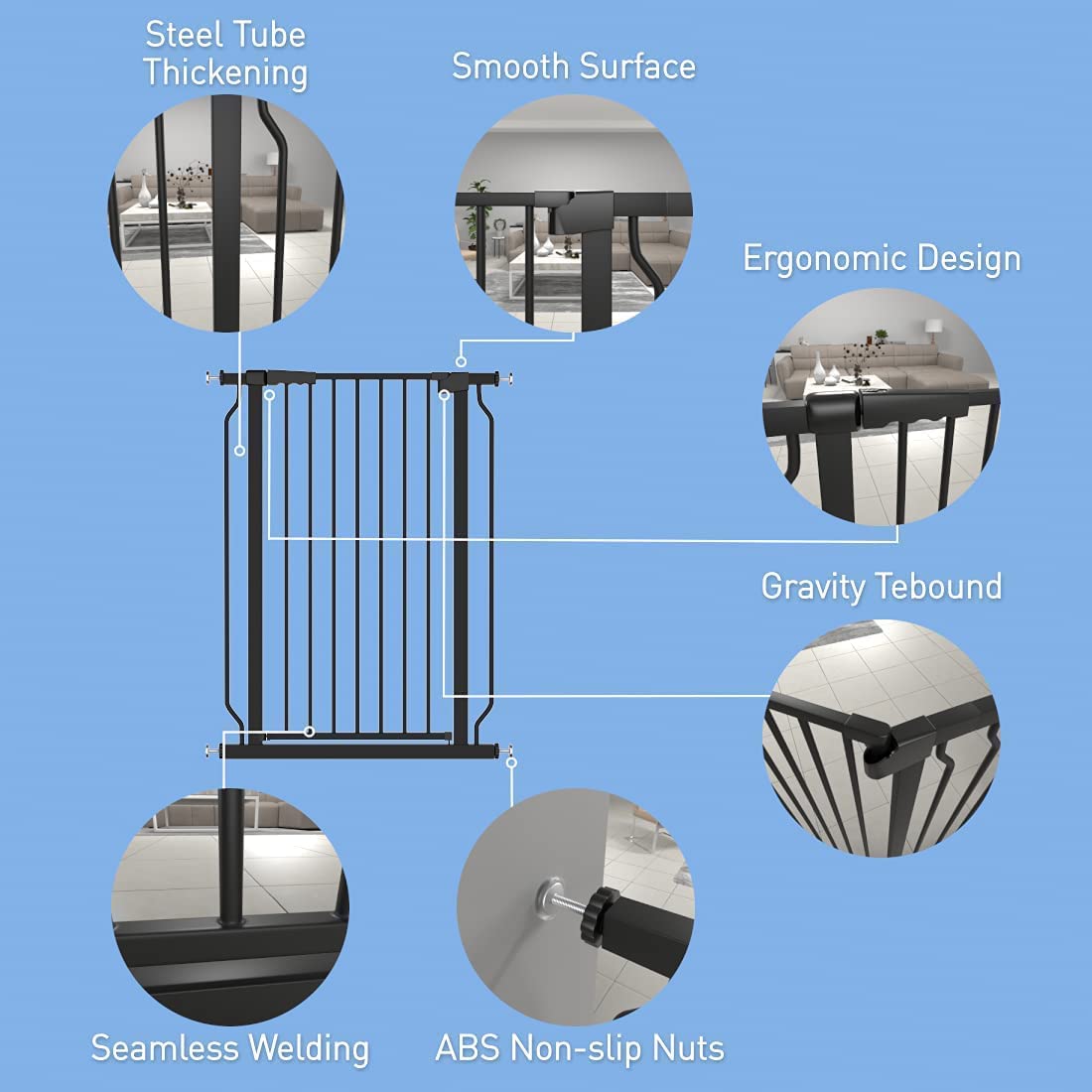 WAOWAO Extra Tall 40.55" Baby Gate 57.48-74.4" Wide Pressure Mounted Walk Through Swing Auto Close
