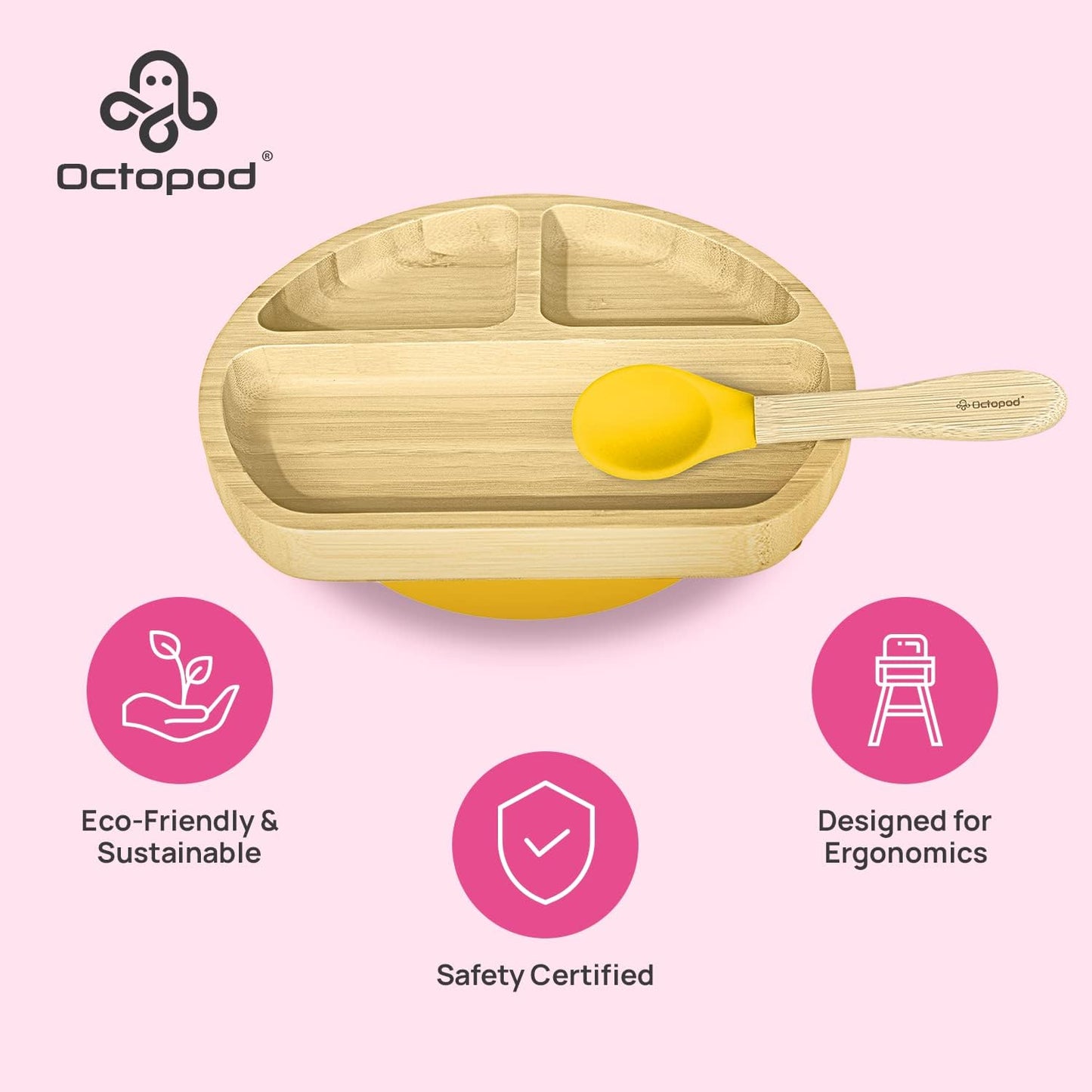 Abiie Octopod Bamboo Dish - Kids Plates for 4 months and up, 3-Compartment Baby Plates with