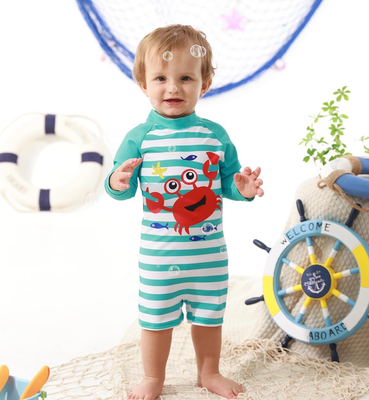 uideazone Baby Boys One Piece Swimsuit Long Sleeve UPF 50+ Rash Guard Bathing Suit Swimwear with
