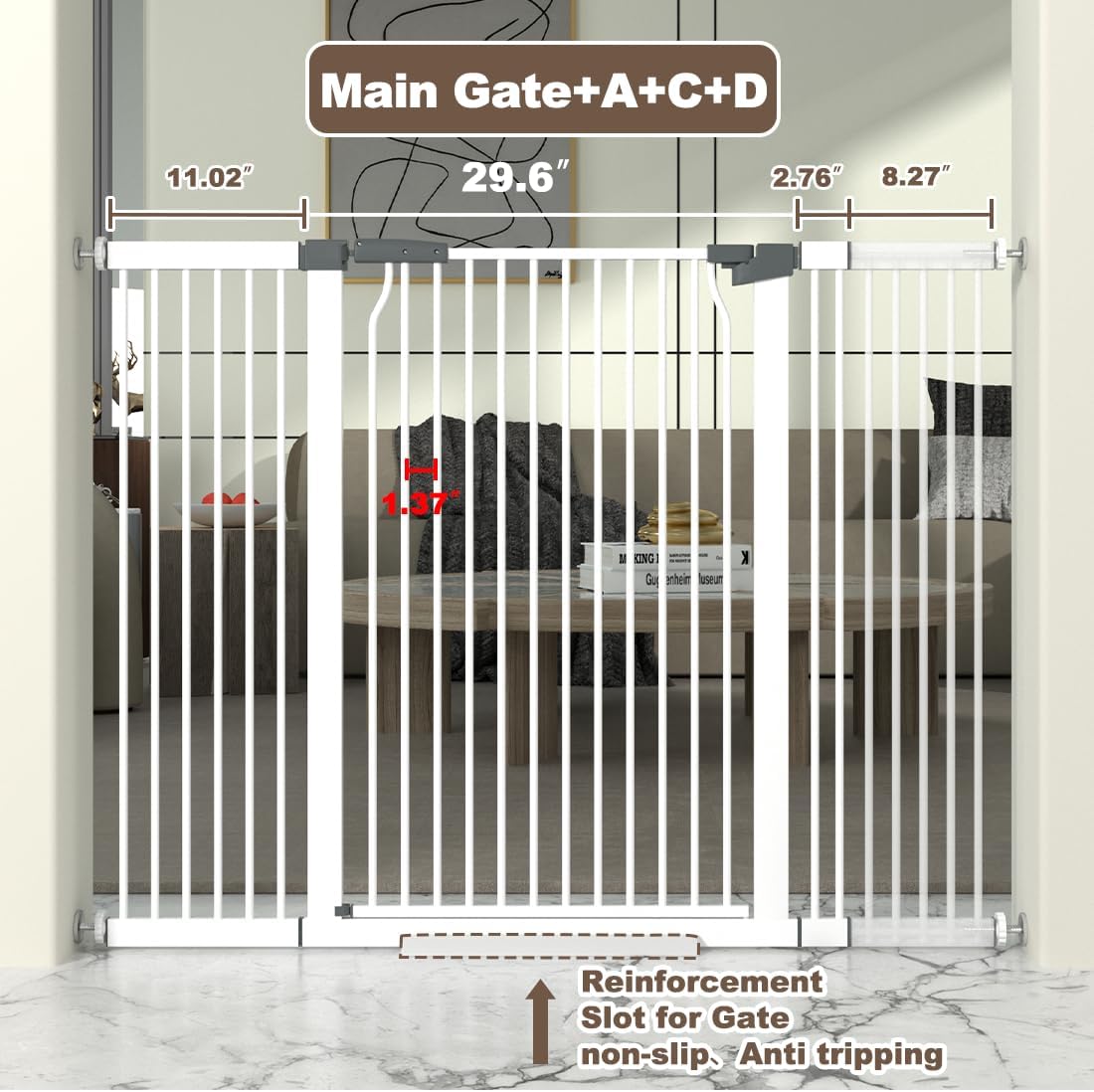 41" Extra Tall Cat Gate for Doorway, 49.2-54.7 Metal Pet Baby Safe Gate, Extra Wide Pressure
