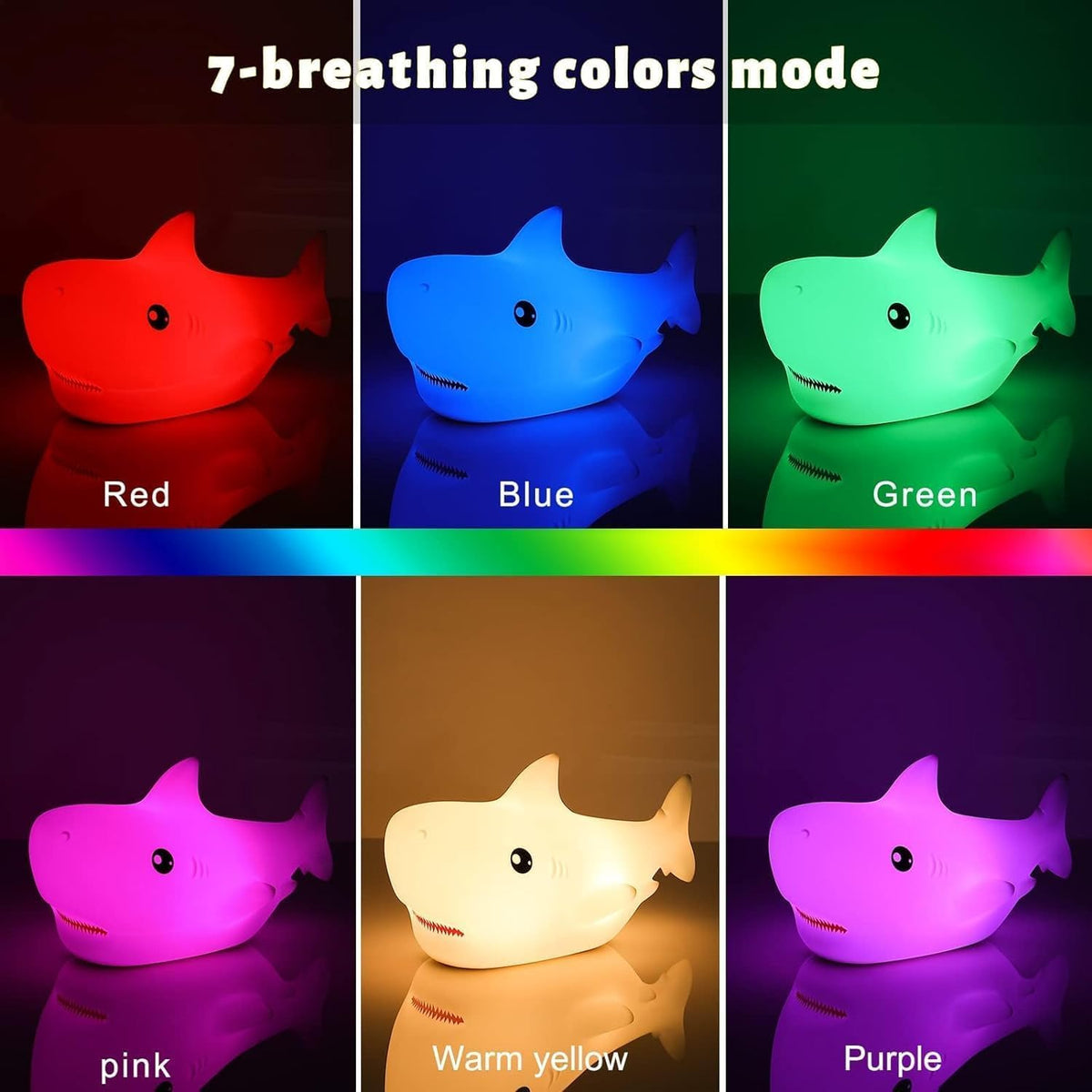 LOVERUIS Shark Night Light for Children, 7 Color Changing LED Portable Touch Baby Lamp, USB