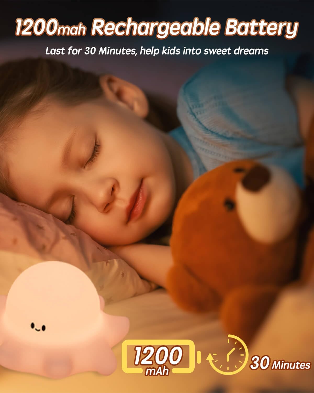 Cute Octopus Rechargeable Silicone Night Light for Kids, Dimmable Touch Control Nightlight with