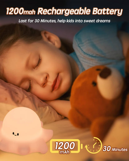 Cute Octopus Rechargeable Silicone Night Light for Kids, Dimmable Touch Control Nightlight with