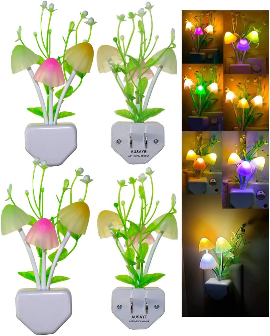 AUSAYE 4 Pack Plug in Night Light, Color Changing Mushroom Light LED Nightlights with Smart Dusk to
