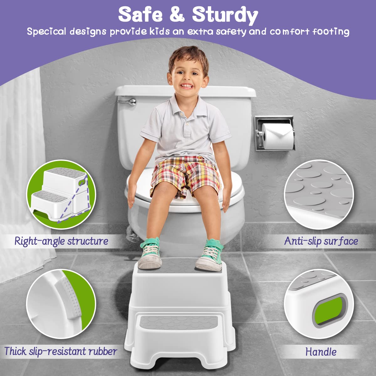 Toddler Step Stool,2 Step Stools for Kids with Anti-Slip Surface and Rubber Bottom, Kids Step Stool
