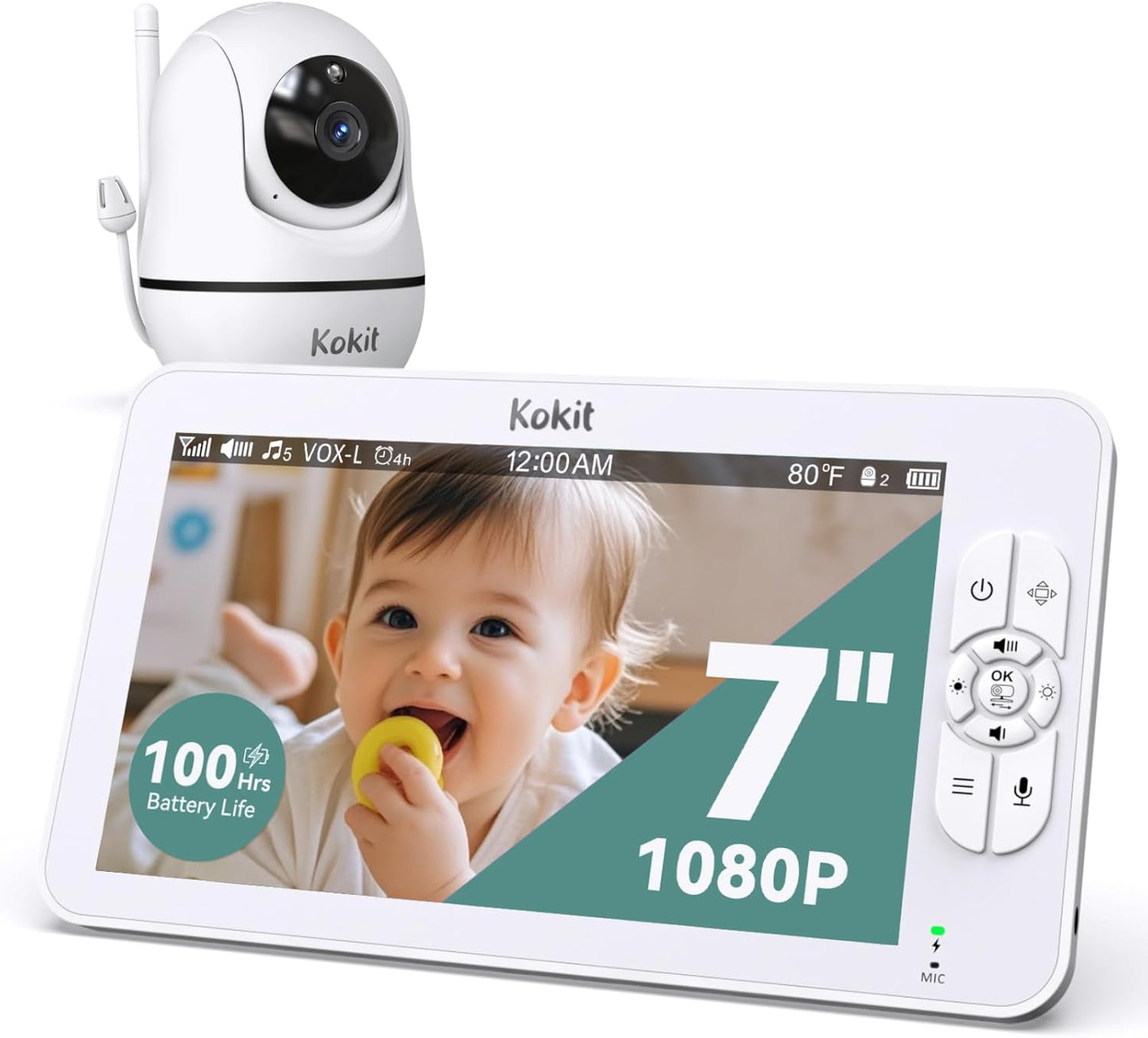 7" 1080P Full HD Video Baby Monitor No WiFi,100 Hrs 5000mAh Battery Runs 4 Days,4X Zoom,Remote 355°